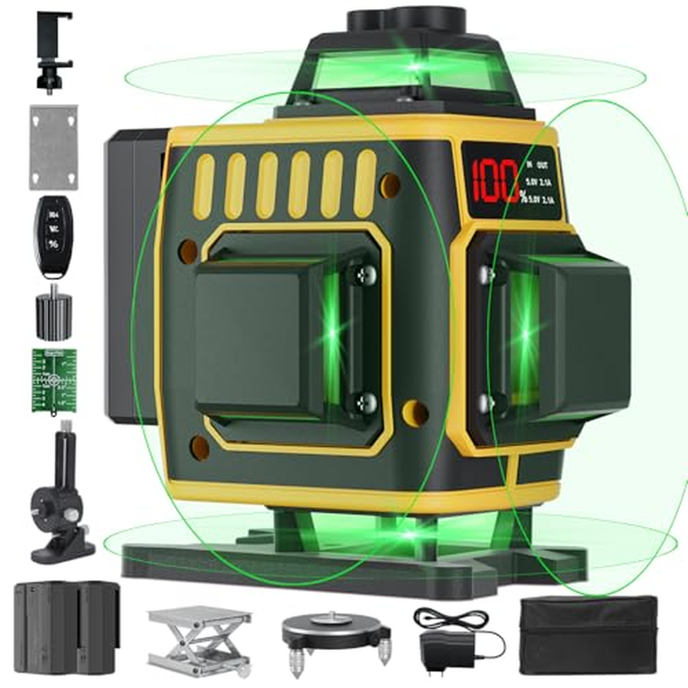 Křížový laser zelený 16 linií, 4 x 360°laserová vodováha samonivelační, 16 rotačních laserů s LED digitálním displejem, liniový